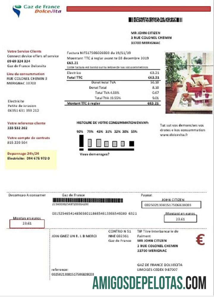 Conta de serviços públicos France Gaz De France Dolcevita modelo